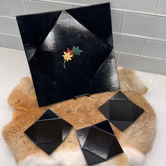 Japanese Lacquered Wood Serving Tray Makie Leaves Vtg Plate Square Black C1970 - Picture 2 of 8